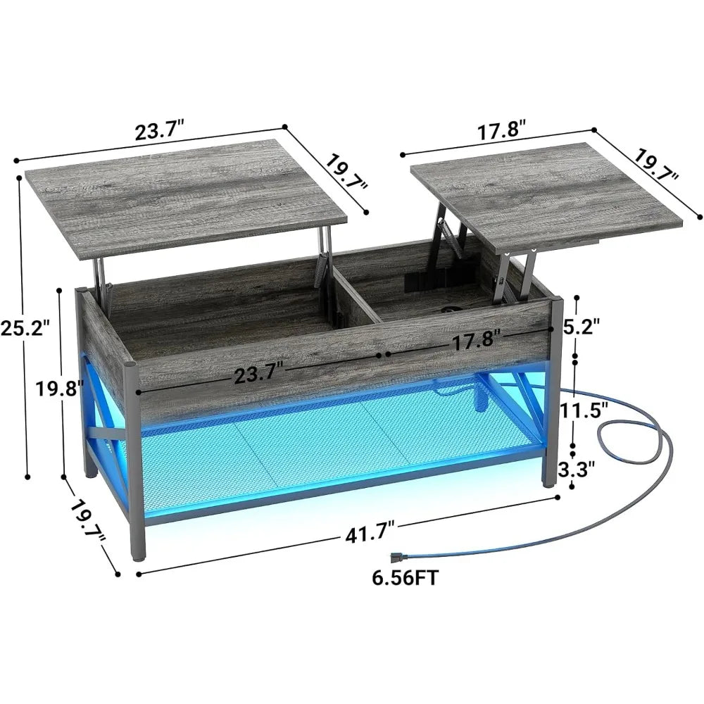 Aheaplus Coffee Table, Lift Top Coffee Table with LED light and Power Outlet, Modern Lift-Top Table with Storage Shelf, Center ShopOnlyDeal