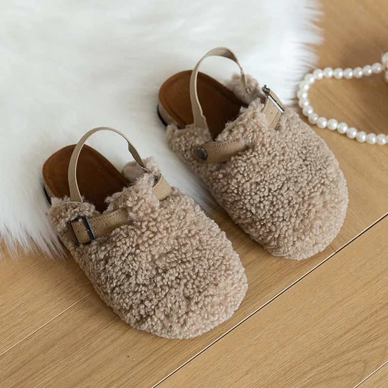 Warm Shearling Birken Clog Sandals For Girls Brand Design Lambswool Mule Slippers Kids Cork Sole Elasic Band Fur Slide Shoes ShopOnlyDeal