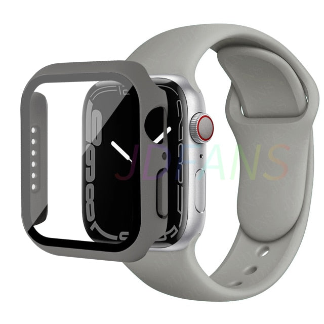 Glass+Case+Strap for Apple Watch 7 6 5 Band 41mm 45mm 44mm 40mm 38mm 42mm Screen Protectors for Apple IWatch Series 7 6 SE 5 3 4 ShopOnlyDeal