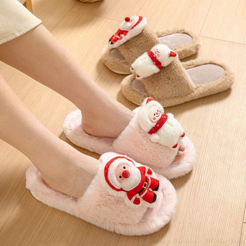 2023 Christmas Women'S Slippers Cute Cartoon Santa Claus Furry Slippers Wear Winter Soft Fluffy Home Slides Xmas Party Shoes ShopOnlyDeal