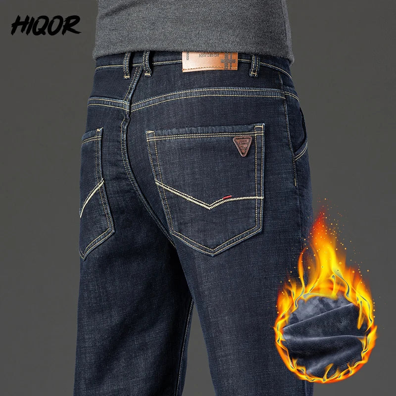 HIQOR Winter Fleece Thick Jeans Men Business Casual Straight Trousers Male Classic Blue Black Jeans For Men Work Denim Man Pants ShopOnlyDeal