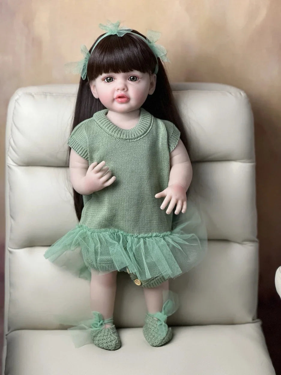 BZDOLL 55cm 22inch Lifelike Reborn Baby Girl Doll Soft Silicone Long Brown Hair Realistic Princess Toddler Bebe Birthday Gift ShopOnlyDeal