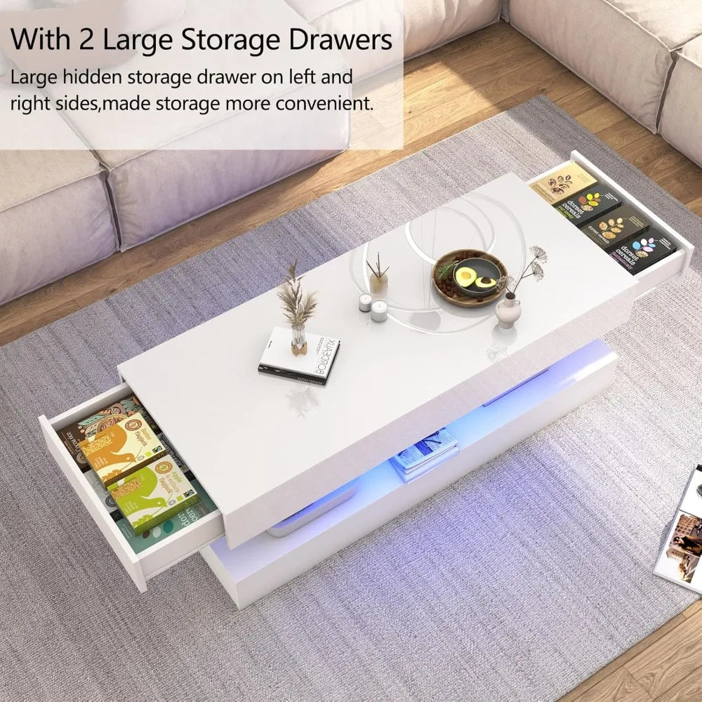 47.3IN High Glossy LED Coffee Table,APP LED Lights,Black/White, Modern Furniture for Living Room (White),Large Storage Space ShopOnlyDeal