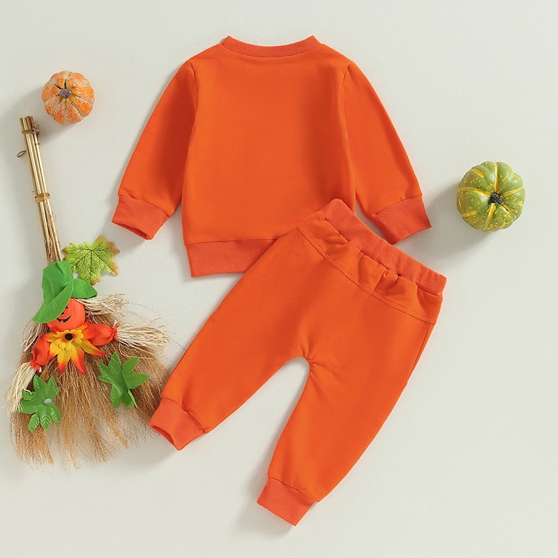 Halloween 0-4Years Toddler Boy Girl 2Pcs Halloween Outfits Long Sleeve Pumpkin Face Print T-Shirt Pocket Pants Set ShopOnlyDeal