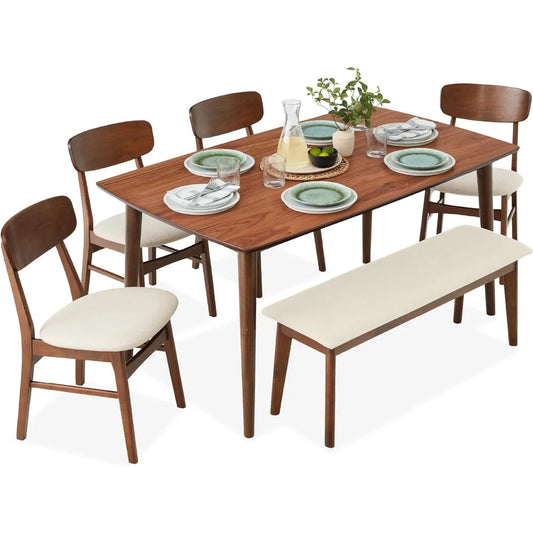 6-Piece Dining Set, Mid-Century Modern Wooden Table & Upholstered Chair Set for Home, Kitchen Walnut/Cream ShopOnlyDeal