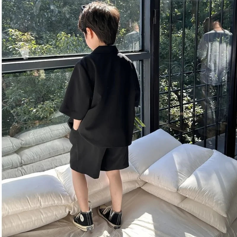 Boys' Blazer Suit Set | Thin Casual Korean-Style | Black Short Sleeve Coat + Shorts | High-Quality 2-Piece Ensemble ShopOnlyDeal