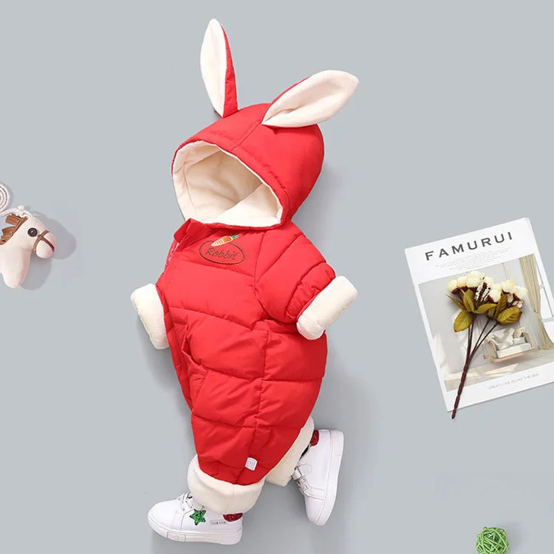 2024 Winter Baby Girls Rompers Plus Velvet Warm Hooded Infant Girl Snowsuit Cartoon Rabbit Ears Toddler Girls Overalls Clothes ShopOnlyDeal