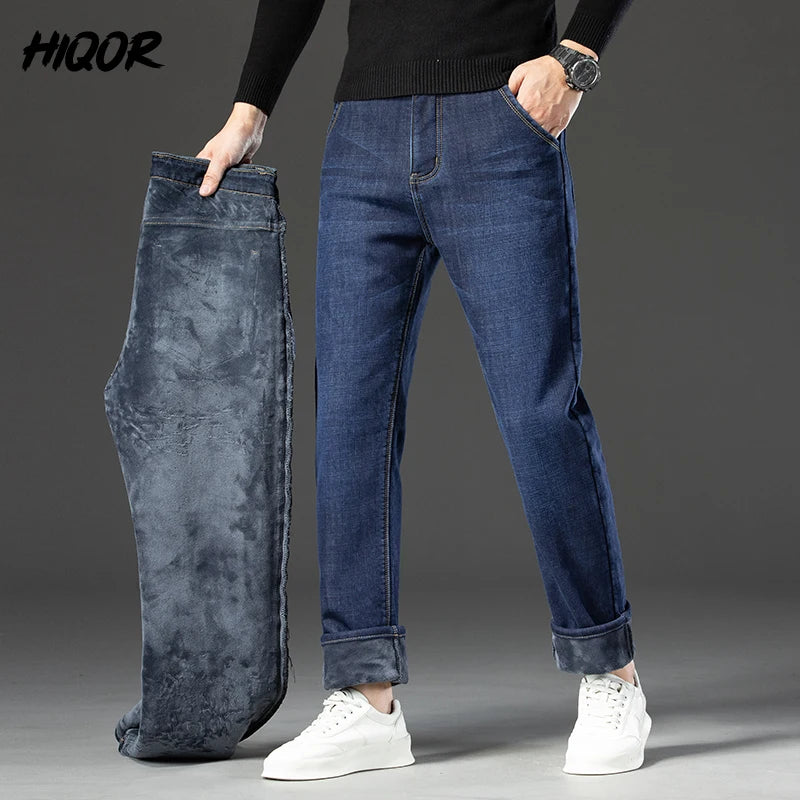 HIQOR Winter Fleece Thick Jeans Men Business Casual Straight Trousers Male Classic Blue Black Jeans For Men Work Denim Man Pants ShopOnlyDeal