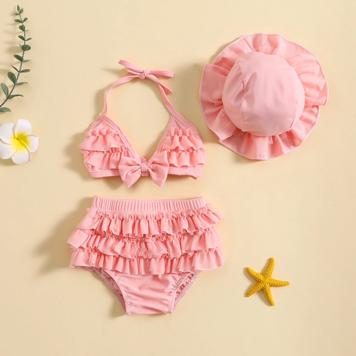 Toddler Baby Girls Summer Swimwear Bikini Set Lovely Babies Halter Neck Tops + Layered Ruffle Shorts + Hat Swimsuit Sets ShopOnlyDeal