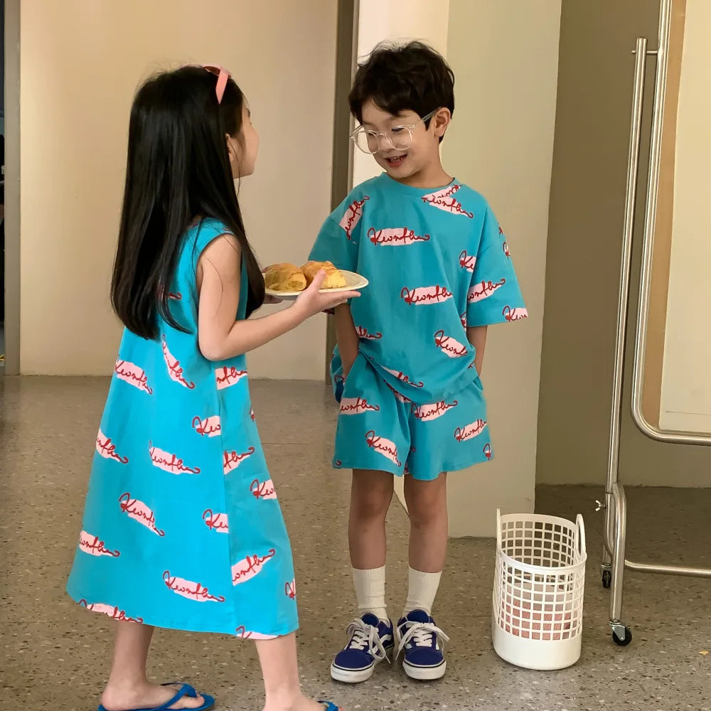 Brother and Sister Clothes 2024 Summer New Korean Alphabet Graffiti Girl's Long T-shirt Dress Or Boy's Two Piece Suit ShopOnlyDeal