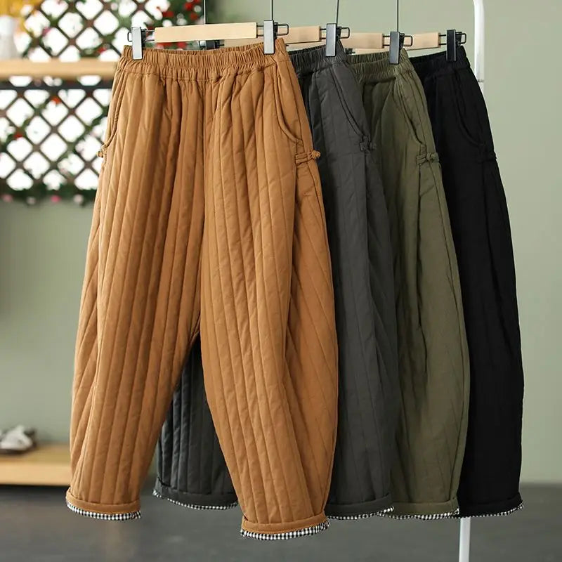 2024 Winter Warm Clip Cotton Thickened Retro Down Cotton Pants for Women's Outwear Elastic Waist Loose Relaxed Pants ShopOnlyDeal