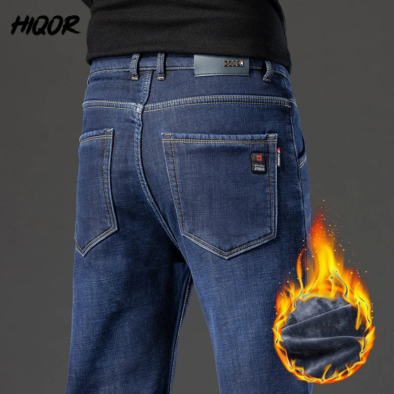 HIQOR Winter Fleece Thick Jeans Men Business Casual Straight Trousers Male Classic Blue Black Jeans For Men Work Denim Man Pants ShopOnlyDeal