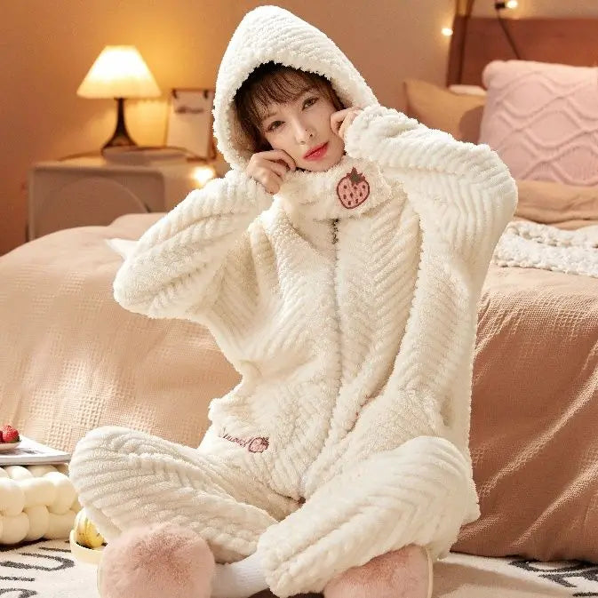 Pajama Lady Autumn/Winter Flannel  Fleece Thick Nightgown Long Lovely Coral Fleece Homewear Set Can Be Worn Outside Comfortable ShopOnlyDeal