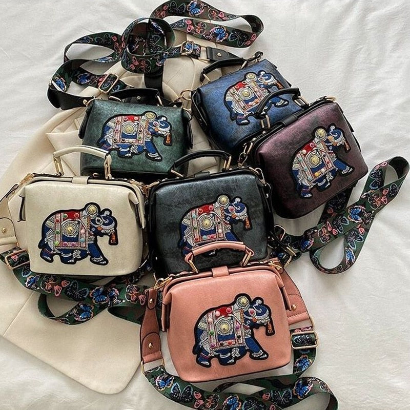 Vintage Embroidery Elephant Bag Bags Wide Butterfly Strap PU Leather Women Shoulder Crossbody Bag Tote Women's Handbags Purses ShopOnlyDeal