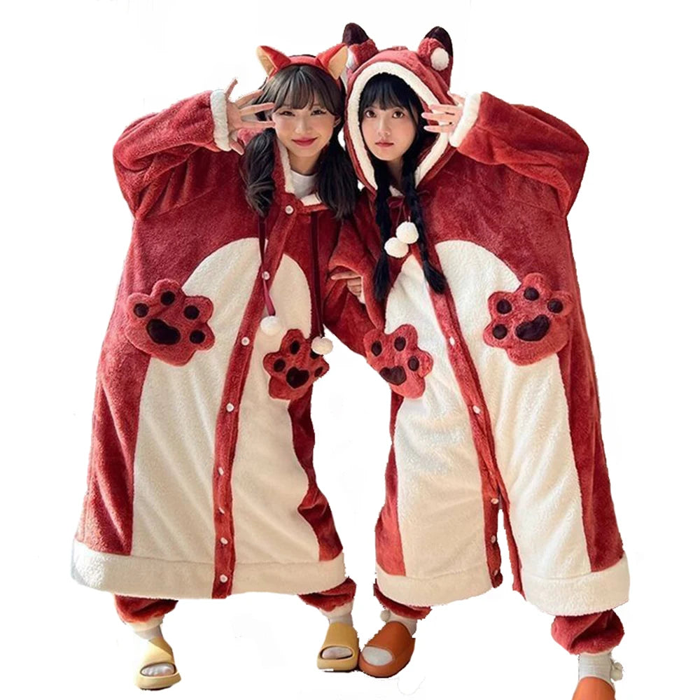 Plush Fleece Nightgown For Women Girl Winter Warm Casual Hooded Nightdress Homewear Cute Anime Fox Cosplay Suit Flannel Pajamas ShopOnlyDeal