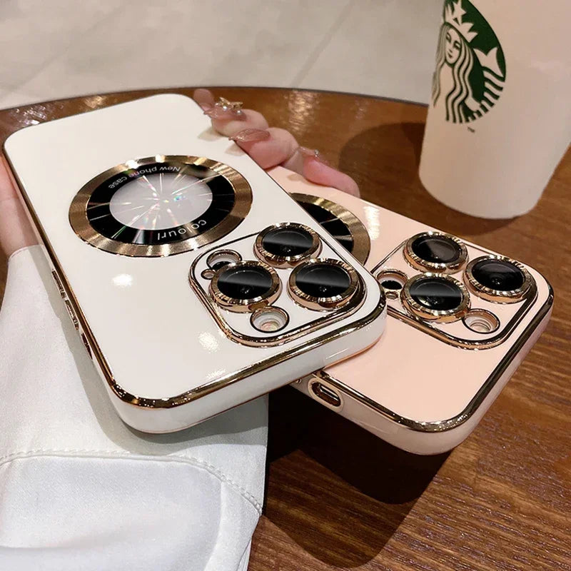 Luxury Plating Logo Hole Strong Magnetic Case For IPhone 15 14 13 12 11 Pro Max Plus Wireless Charging Magsafe Lens Film Cover ShopOnlyDeal