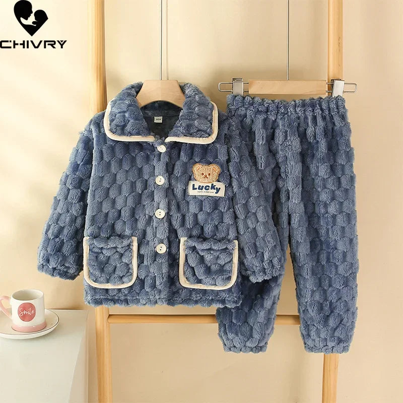 New Kids Boys Girls Autumn Winter Flannel Thicken Pajamas Baby Cartoon Long Sleeve Lapel Tops with Pants Sleeping Clothing Sets ShopOnlyDeal