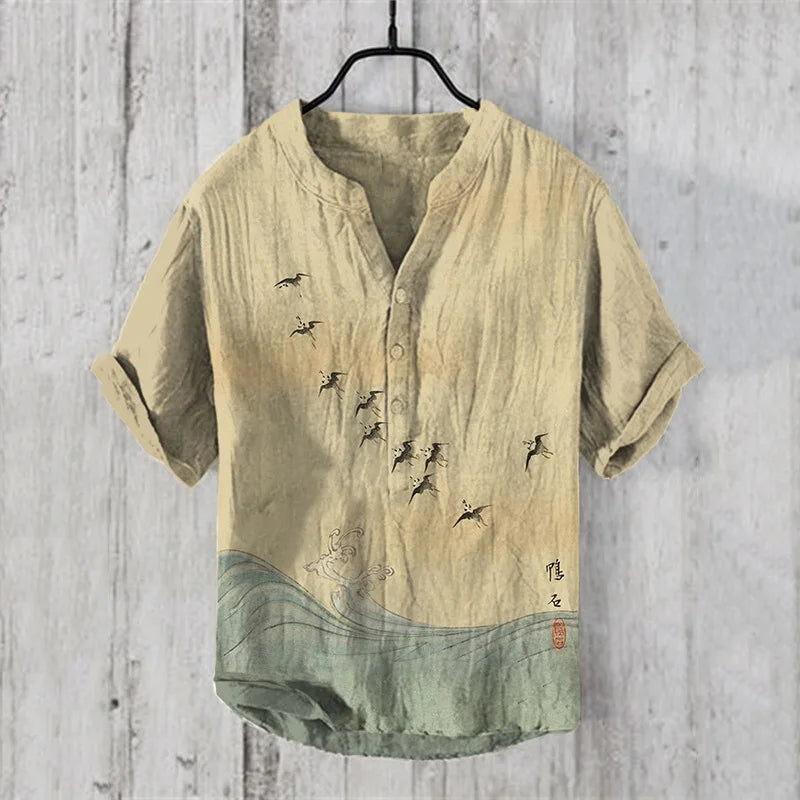 New printed V-neck short-sleeved shirt foreign trade fashion casual loose T-shirt shirt bamboo linen shirt top S-5XL ShopOnlyDeal