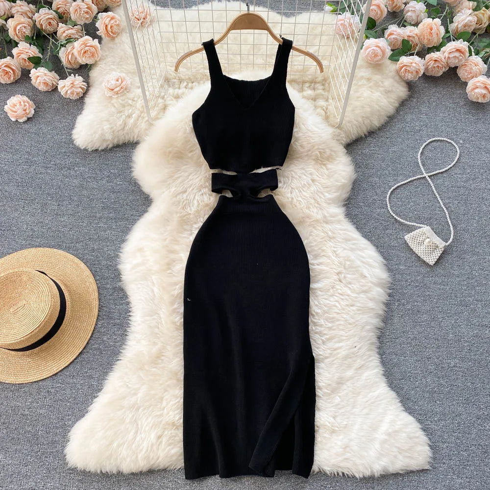 Women Dress Sexy Cut Out Waist Package Hips Split Bodycon Dress Summer Fashion Lady Knitted Party Vestidos Sundress ShopOnlyDeal