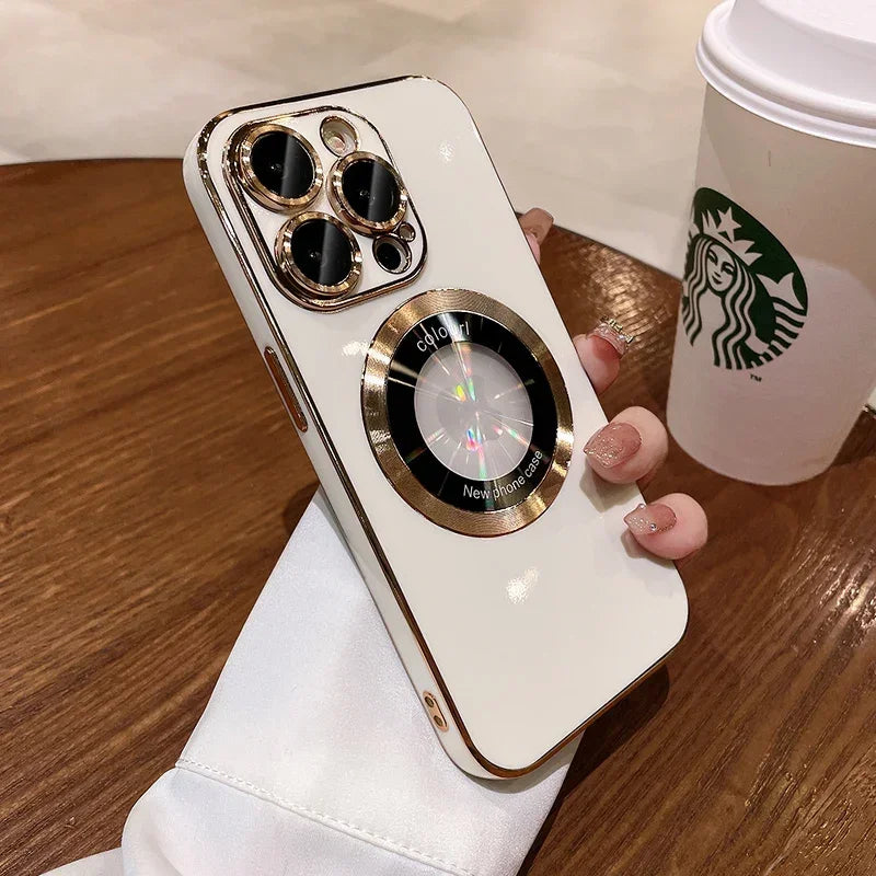 Luxury Plating Logo Hole Strong Magnetic Case For IPhone 15 14 13 12 11 Pro Max Plus Wireless Charging Magsafe Lens Film Cover ShopOnlyDeal