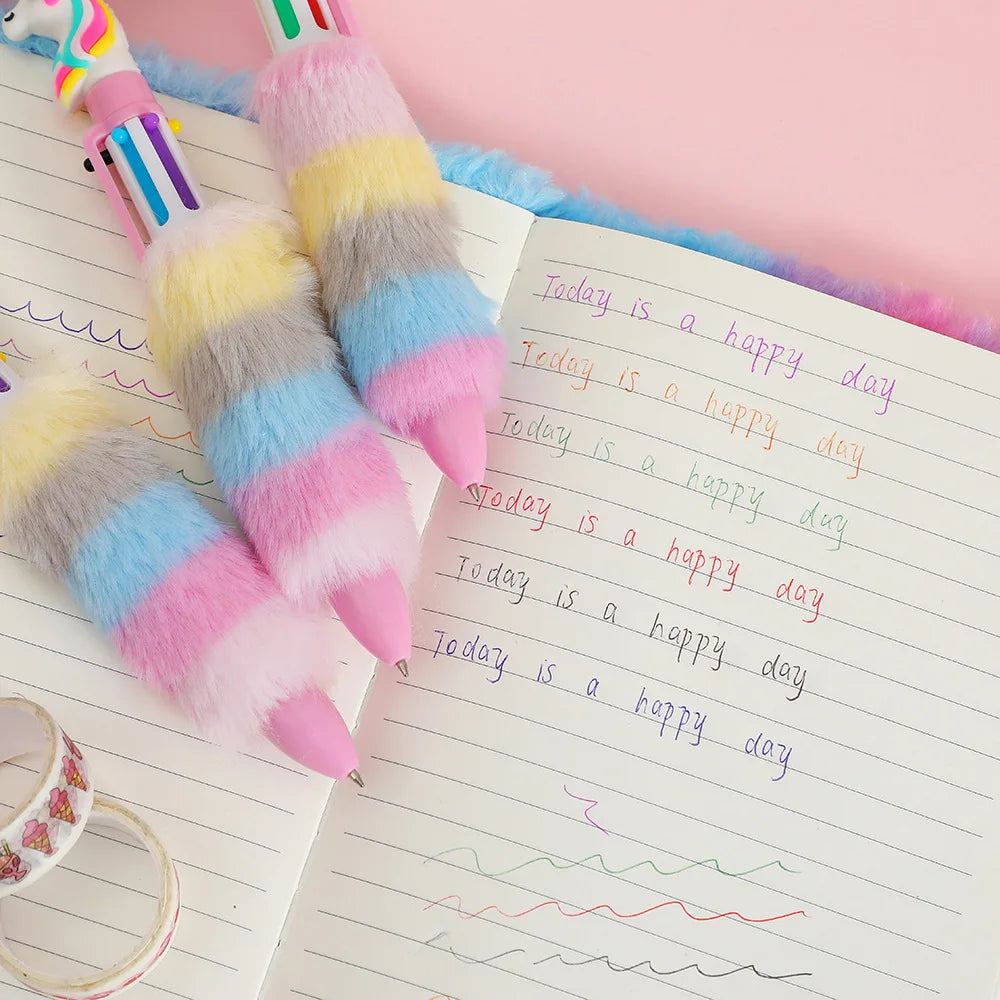 Kawaii Unicorn Fluffy 6 Colored Mechanical Ballpoint Pen | School & Office Writing Supplies | Stationery Gift ShopOnlyDeal