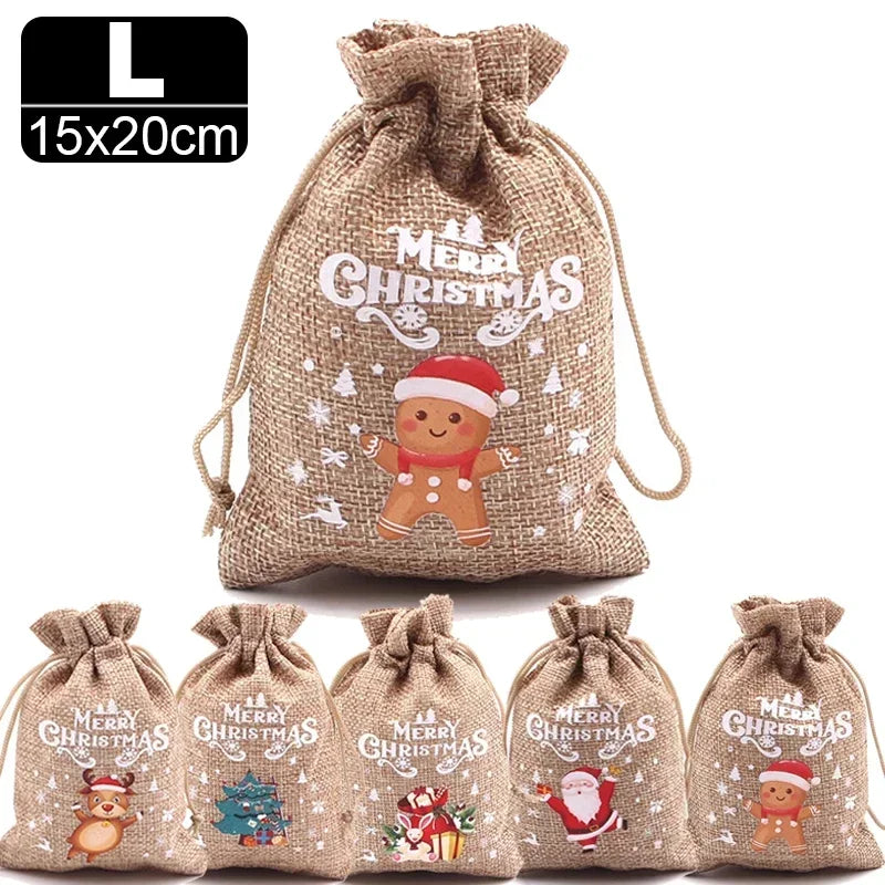 Christmas Linen Bags Cartoon Santa Claus Snowman Candy Gifts Drawstring Bag for Xmas Party Packaging Storage Pouches ShopOnlyDeal