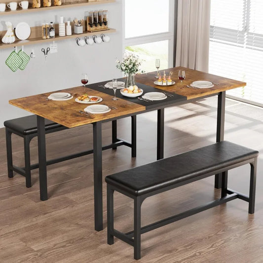 3-Piece 63" Extendable Kitchen Table with Benches/Chairs Modern Breakfast Dinette/Dining Room Set for 4/6/2, Small Space Saving ShopOnlyDeal