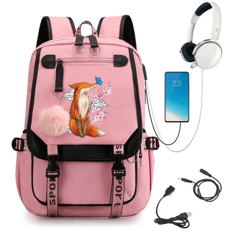 Fox Anime Backpack | Kawaii Girls School Bag with USB Port | Teenager Laptop Travel Backpacks | Mochila Style ShopOnlyDeal