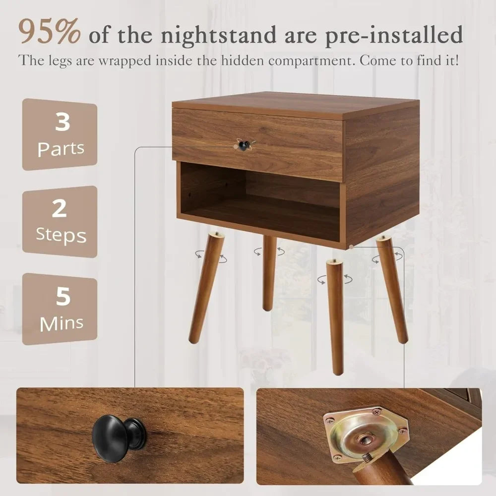 Hidden Compartment Nightstands,Mid Century Modern Concealment Furniture, Bedside Table with Wood Legs, End Table with Storage ShopOnlyDeal