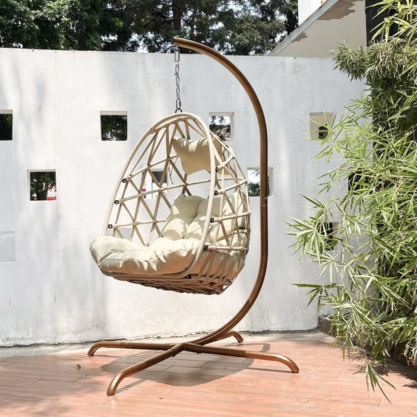 Swing Egg Chair with Stand - Indoor Outdoor Wicker Rattan Patio Hanging Chair with C Type Bracket, Cushion, and Pillow ShopOnlyDeal