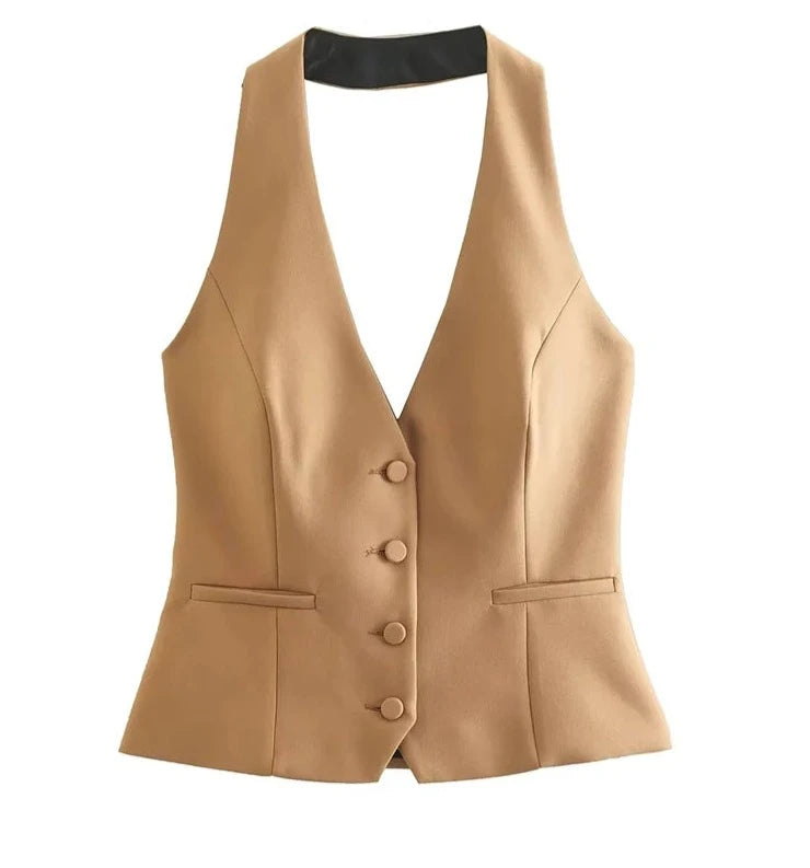 Front Button Halter Neck Waistcoat for Women | Backless Sleeveless Vest | Female Outerwear | Chic Fashion Tops ShopOnlyDeal