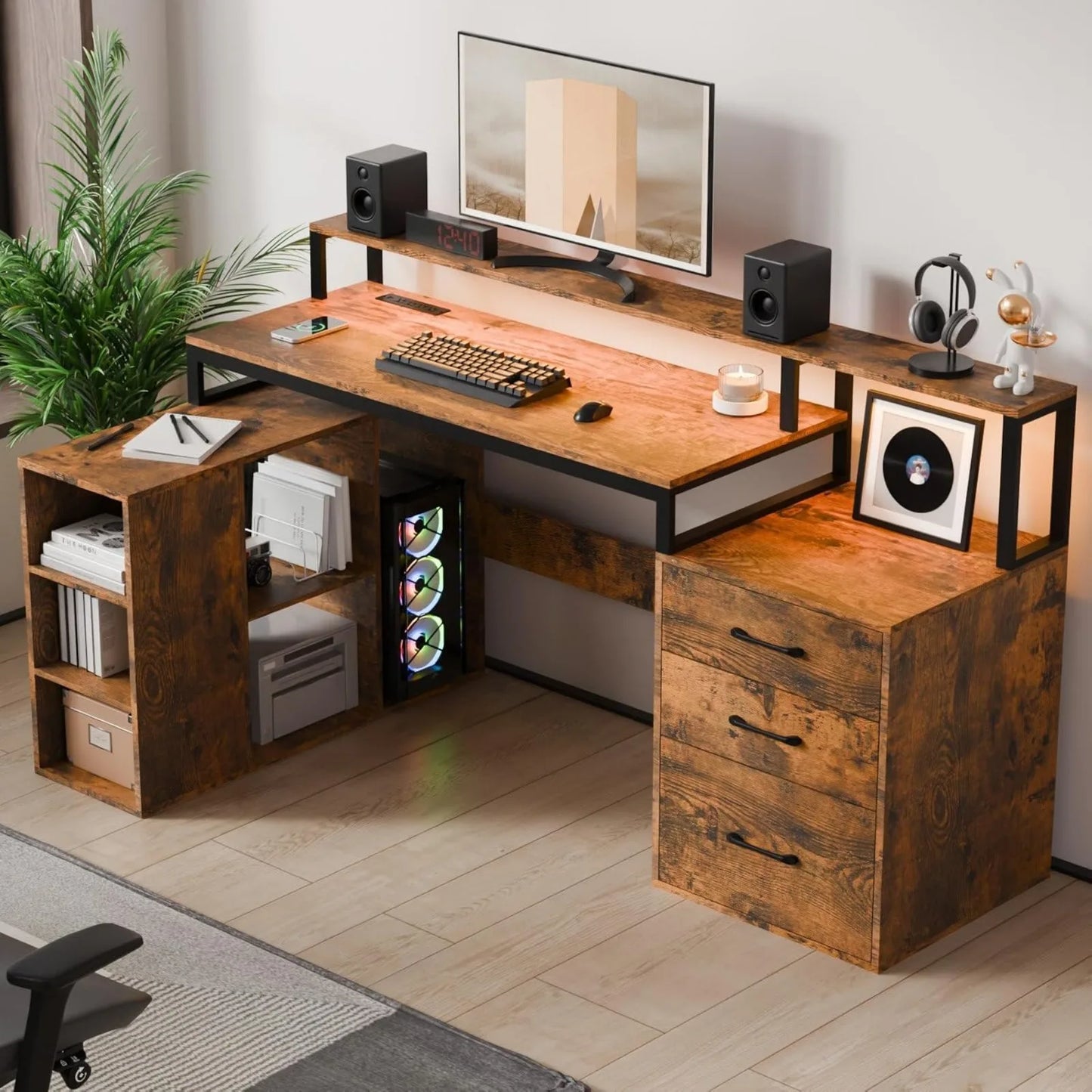 US L Shaped Computer Desk with 3 Drawers, 65.7" Large Desk with Power Outlet and LED Lights ShopOnlyDeal