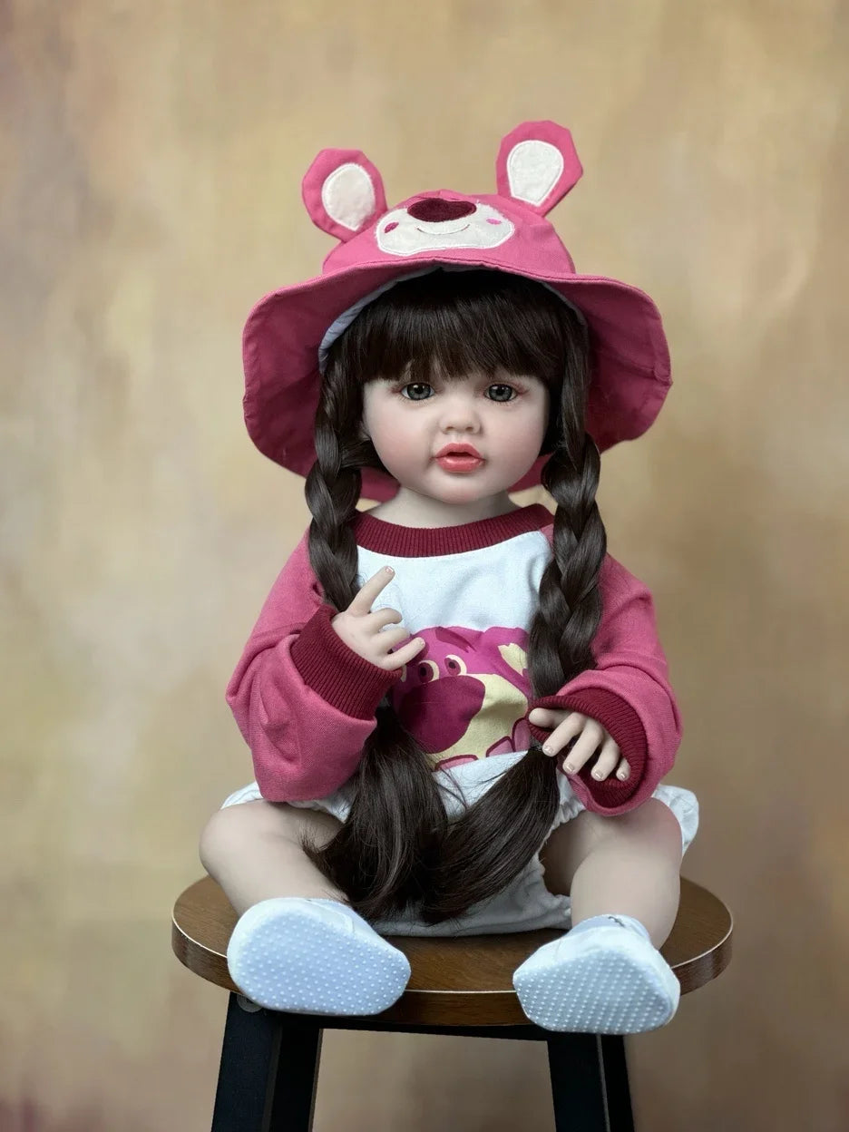 BZDOLL 55cm 22inch Lifelike Reborn Baby Girl Doll Soft Silicone Long Brown Hair Realistic Princess Toddler Bebe Birthday Gift ShopOnlyDeal