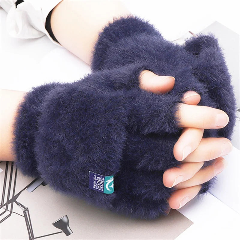 Imitation Mink Velvet Half Finger Gloves Fingerless Mittens Winter Thicken Warm Touchscreen Gloves Student Cute Plush Gloves ShopOnlyDeal