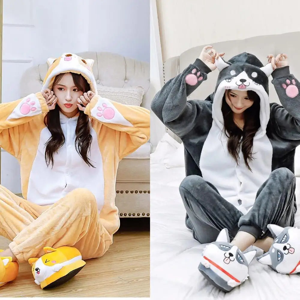 Set Kigurumi Adult Women Men Animal Corgi Pajamas Flannel Cartoon dog Cosplay Onesie corgi Warm Winter pijama womens pajamas ShopOnlyDeal