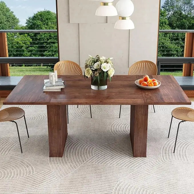 Oval Kitchen Table with Wood Strip Base, Modern Farmhouse Large Round Dining Room Tables for Kitchen Living Room ShopOnlyDeal