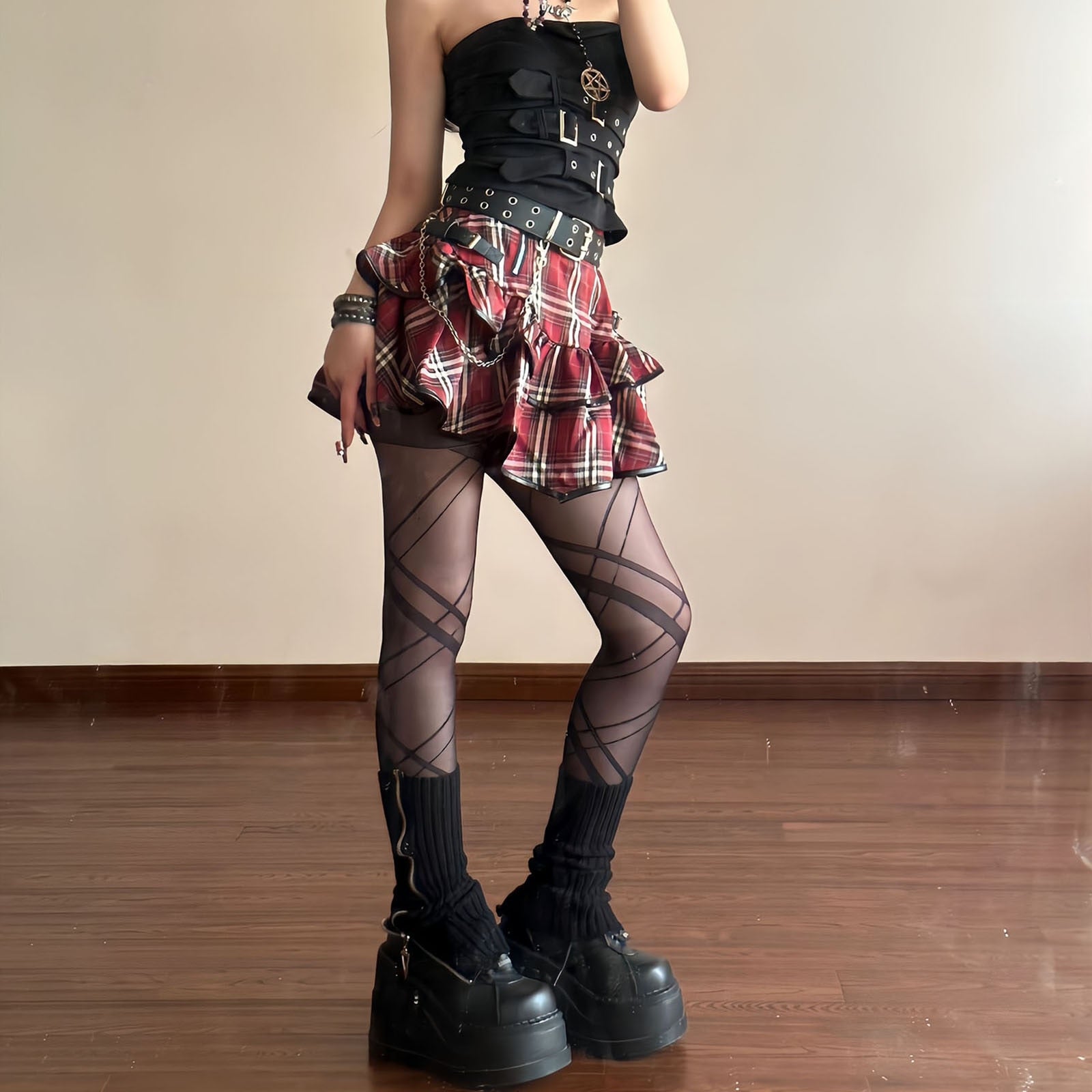 Korean Japanese Sweet Hot Clothes Gothic Punk Skirts Y2k Streetwear Dark Aesthetics Pleated Ball Gown Plaid Stripe Mini Skirt ShopOnlyDeal