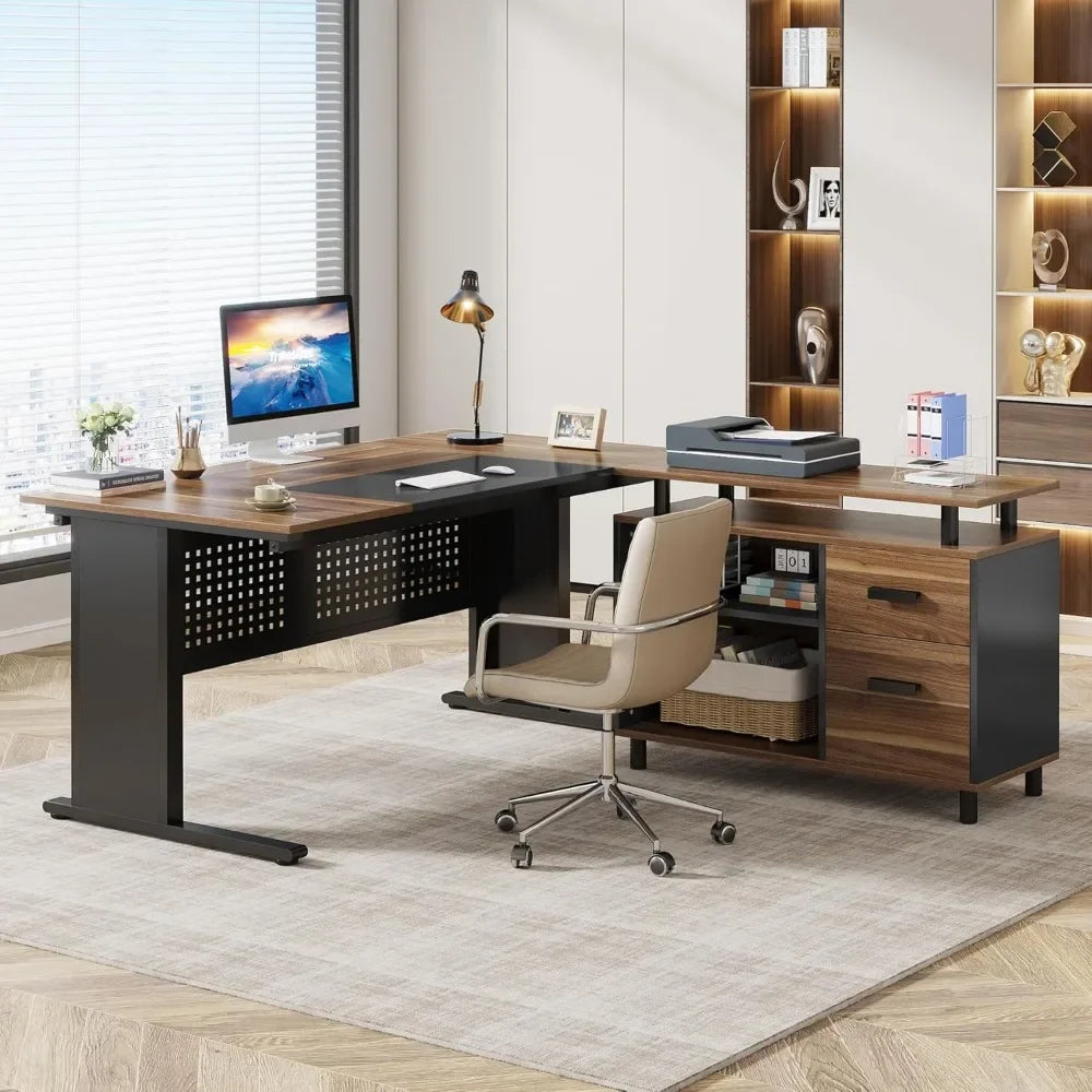 63 Inch Executive Desk with File Cabinet, Large Office Desk L Shaped Computer Desk with Drawers and Storage Shelves ShopOnlyDeal