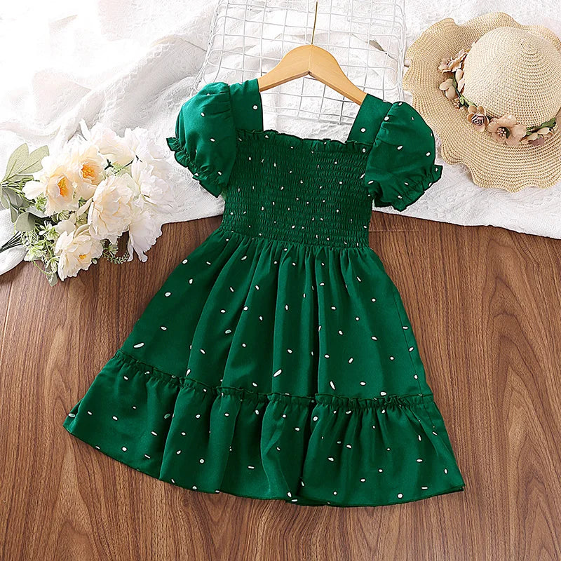 Princess Dress for Kids | Dark Green, Puff Sleeve, Square Collar Dress | Cute Layered Outfit for Girls 2-6 Years ShopOnlyDeal