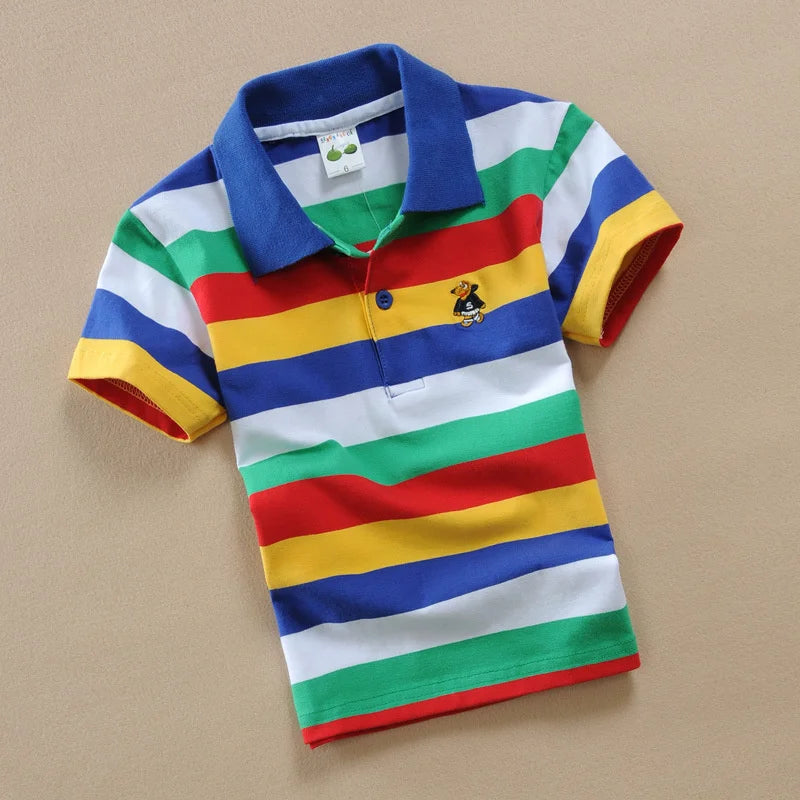 Summer Tee for Boys | Striped Short Sleeve Polo with Cartoon Bear Embroidery | Breathable Kids' Top for Children & Teens ShopOnlyDeal