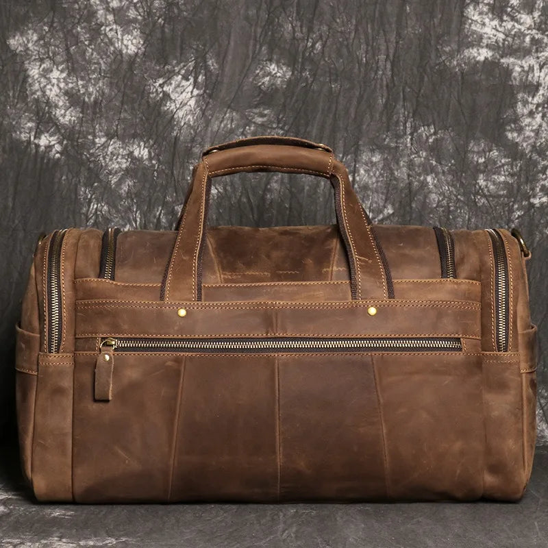 Men's Retro Brown Hand Luggage Bag Quality Crazy Horse Leather Large Capacity Travel Bag Business Weekend Shoulder Messenger Bag ShopOnlyDeal