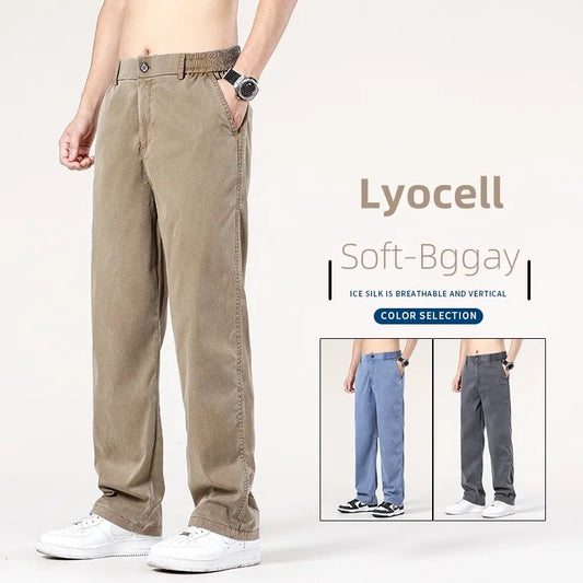 Summer New Baggy Jeans Men's Classic Thin Lyocell Fabric High Quality Straight Casual Pants Soft Denim Trousers Coffee Blue Gray ShopOnlyDeal