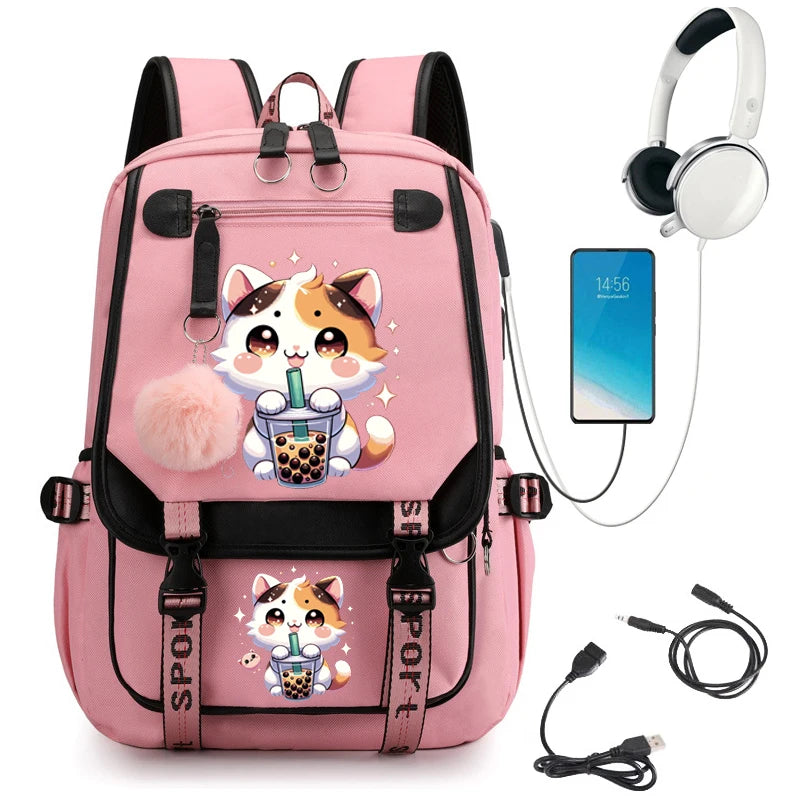 College Students Backpack Girl Travel School Backpack Fashion Leisure Bagpack Boba Anime Cat Laptop School Bags Usb Bookbags ShopOnlyDeal