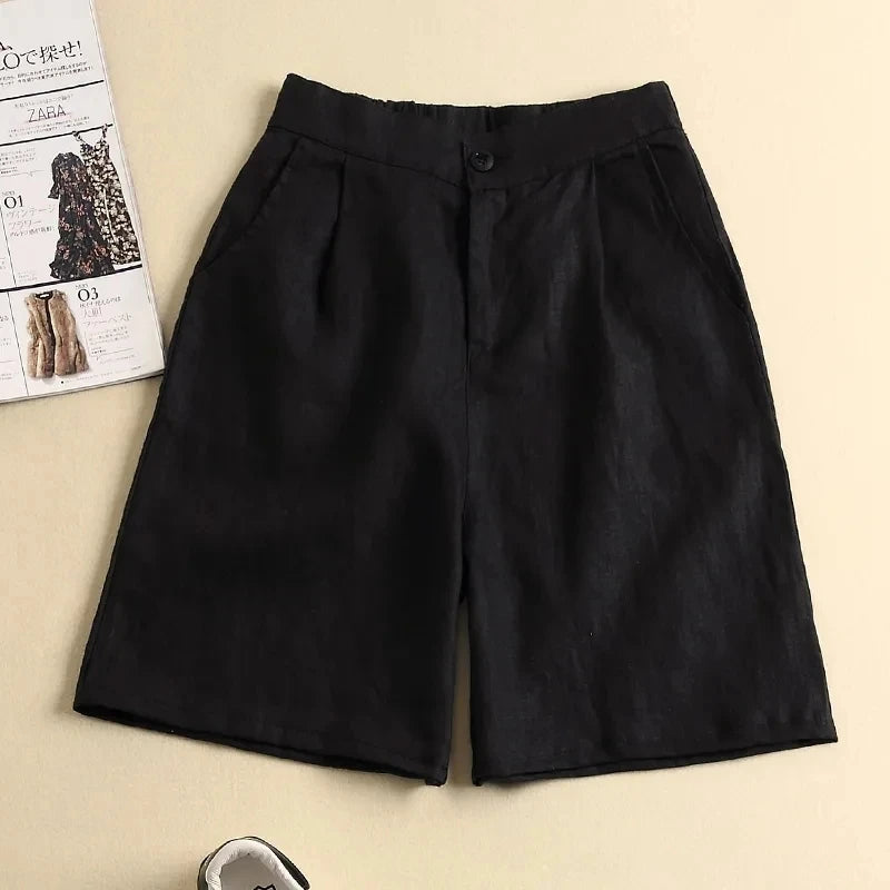 Casual Linen Cotton Elastic High Waist Wide Leg Button Loose Women's Shorts | Korean Fashion Summer Shorts Women 2024 ShopOnlyDeal