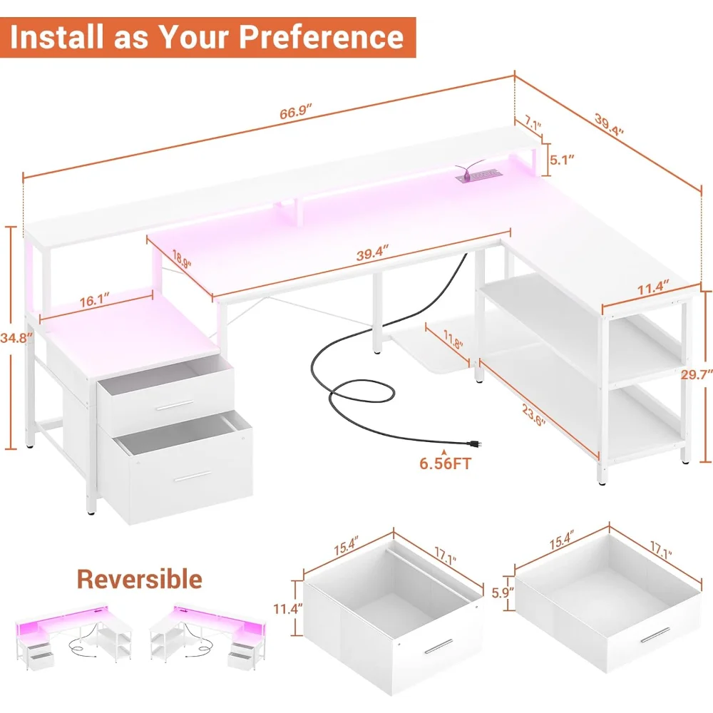 L Shaped Desk, Reversible Corner Computer Desk with Power Outlet and LED Strip, Gaming Computer Desk with Monitor Stand ShopOnlyDeal