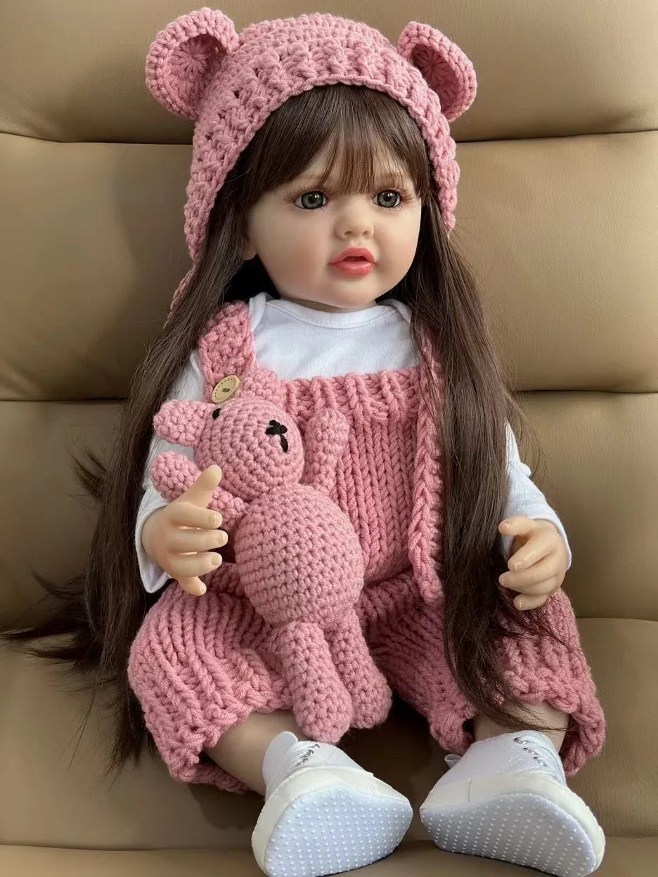 BZDOLL 55cm 22inch Lifelike Reborn Baby Girl Doll Soft Silicone Long Brown Hair Realistic Princess Toddler Bebe Birthday Gift ShopOnlyDeal