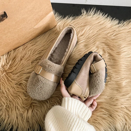 2024 Fluffy Mink Fur Moccasins Woman Belt Buckle Loafers Furry Shoes Ladies Winter Cotton Flats Mujer Daily Shoes Barefoot Boots ShopOnlyDeal