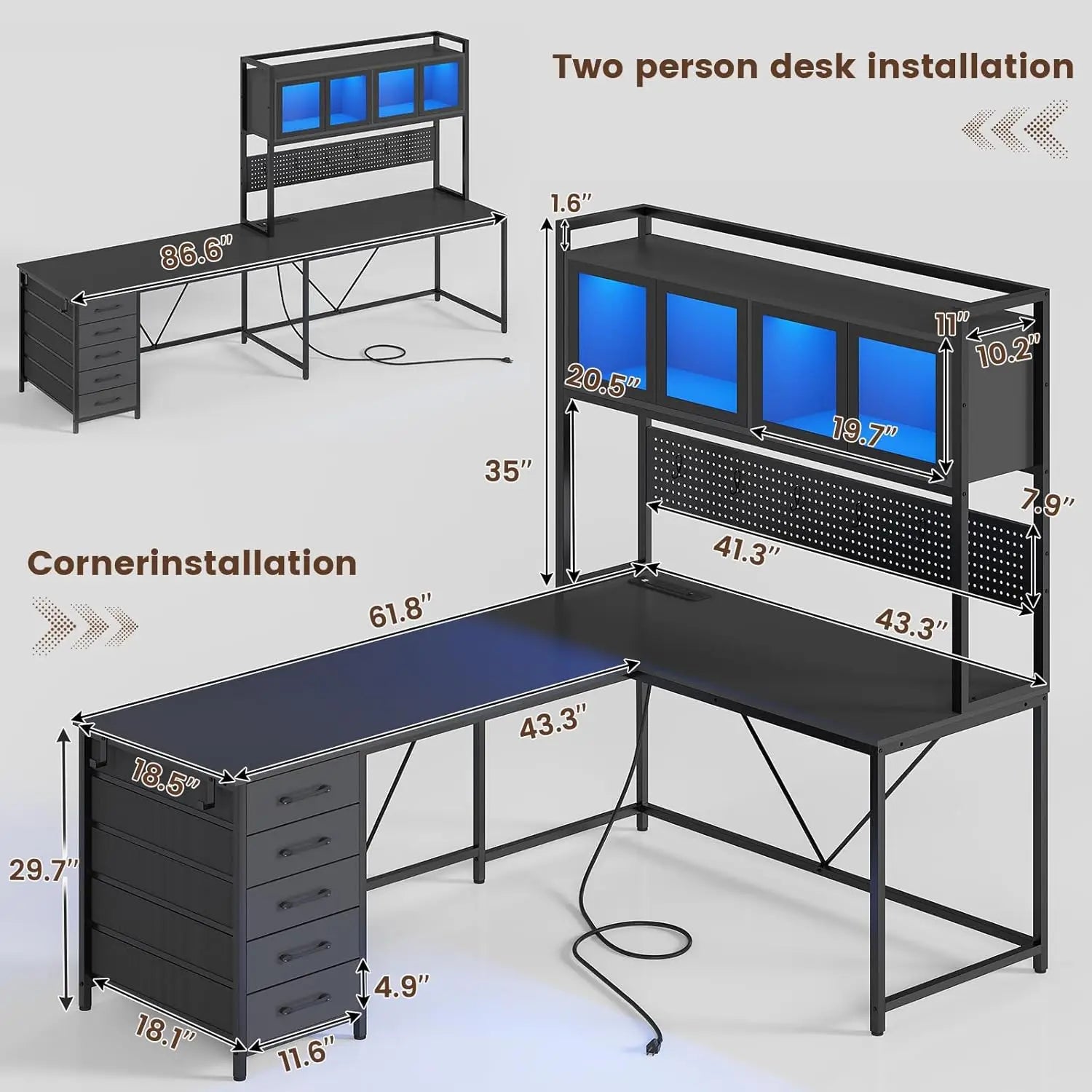 L Shaped Gaming Desk with Drawers, L Shaped Computer Desk with Hutch and Storage Shelves, Gaming Desk with Pegboard, ShopOnlyDeal