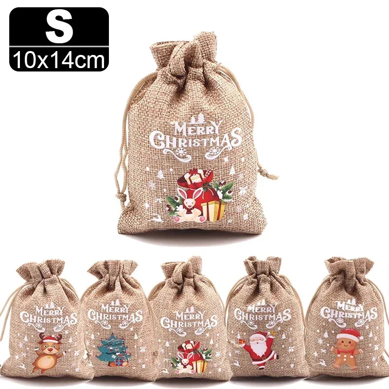 Christmas Linen Bags Cartoon Santa Claus Snowman Candy Gifts Drawstring Bag for Xmas Party Packaging Storage Pouches ShopOnlyDeal