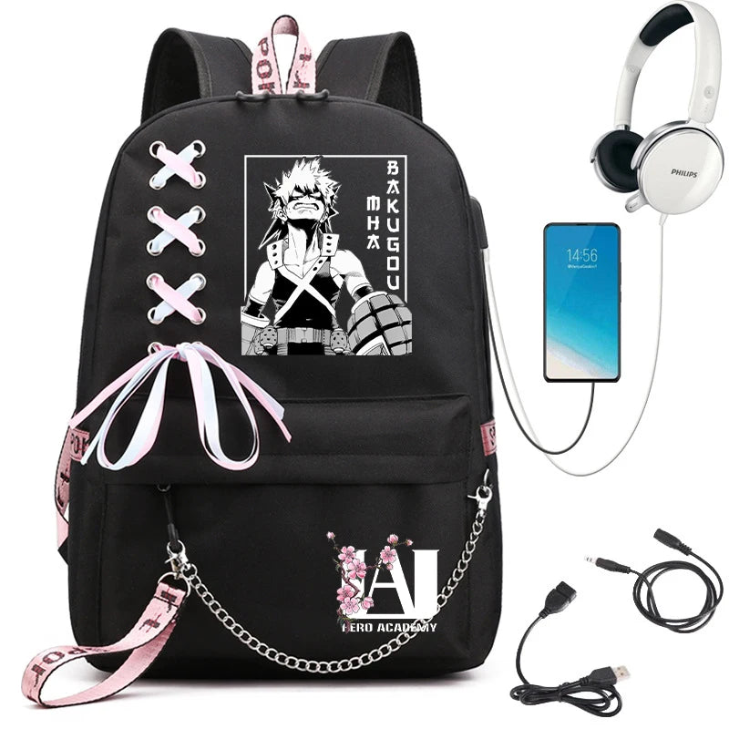 My Hero Academia Anime Women's Backpack | USB Port Ladies Travel Backpack | Shoulder Bag Featuring Katsuki Bakugo | Anime Trend Laptop Backpack ShopOnlyDeal